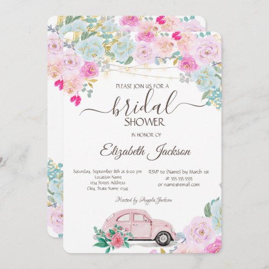 ピンクカーライツシックバラブライダルシャワー 招待状 (正面/裏面)