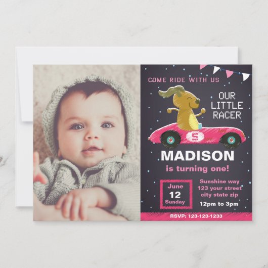 ピンクカーレーサー誕生日招待状と写真 招待状 (正面)