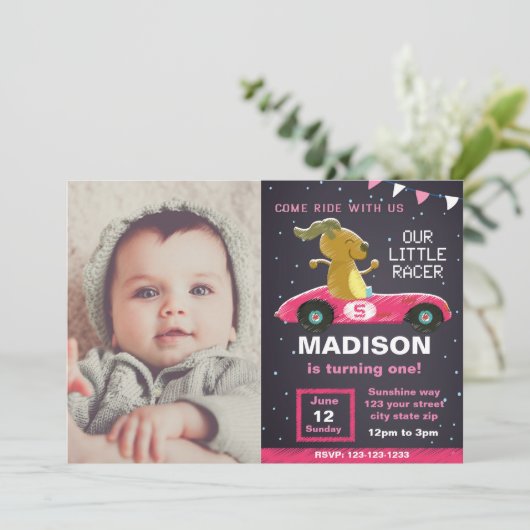 ピンクカーレーサー誕生日招待状と写真 招待状 (スタンド正面)