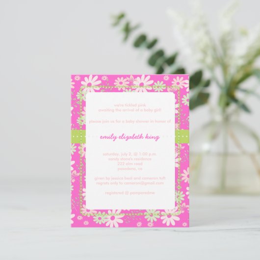 ピンクガかわいらしーデンのベビーシャワー/ディーカラー 招待状 (スタンド正面)