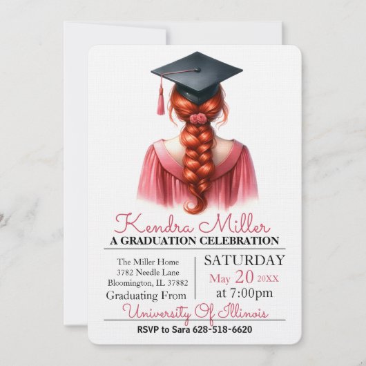 ピンクガウン水彩卒業招待状 招待状 (正面)