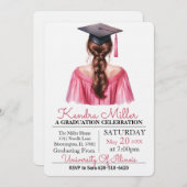 ピンクガウン水彩卒業招待状 招待状 (正面/裏面)