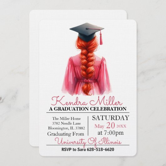 ピンクガウン水彩卒業招待状 招待状 (正面/裏面)