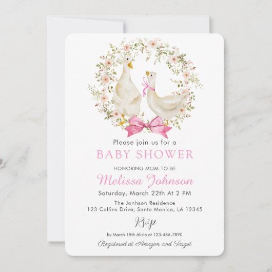 ピンクガチョウ鴨の野生の花の赤ちゃんシャワー招待状 招待状 (正面)