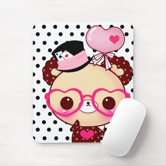 ピンクガラスを持つかわいいチョコレートくま マウスパッド (マウス)