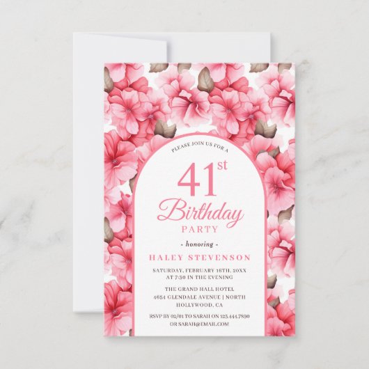 ピンクガーデンかわいらしフローラアーチシック41st誕生日 招待状 (正面)