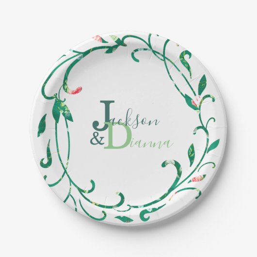 ピンクガーデンウォーターカラーリース ペーパープレート (正面)