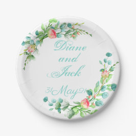 ピンクガーデンウォーターカラーローズブーケ ペーパープレート