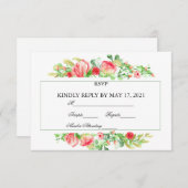 ピンクガーデンウォーターカラーローズブーケRSVPカード (正面/裏面)