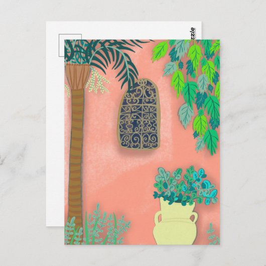 ピンクガーデンウォールエキゾチック秘密パームツリー ポストカード (正面/裏面)