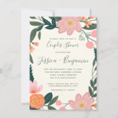 ピンクガーデンスタイリッシュフローラカップルのシャワー 招待状 (正面)