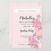 ピンクガーデンバースデーパーティーウォーターカラーフローラ 招待状 (正面/裏面)