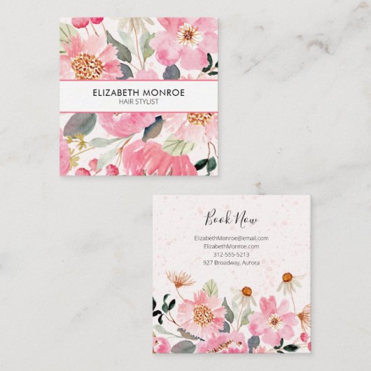 ピンクガーデンフラワーズサロン美容師メーキャップ スクエア名刺 (正面/裏面)