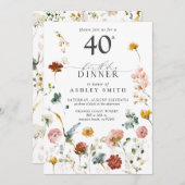ピンクガーデンフローラルカリグラフィー 40歳の誕生日 招待状 (正面/裏面)