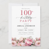 ピンクガーデンフローラ書道100誕生日 招待状 (正面)