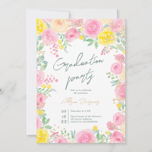 ピンクガーデンフローラ水彩写真卒業 招待状 (正面)