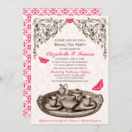 ピンクガーデンブライダルティーパーティの招待状 招待状 (正面/裏面)