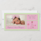 ピンクガーデンベビーガールバースデーアナウンスフォトカード 案内状 (正面)