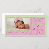 ピンクガーデンベビーガールバースデーアナウンスフォトカード 案内状 (正面/裏面)