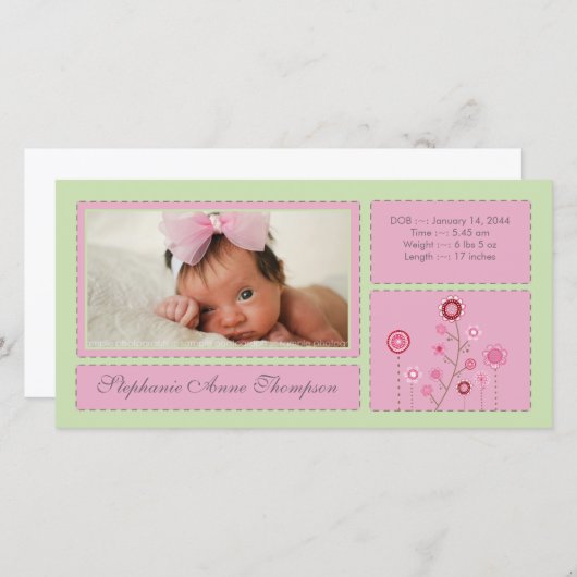 ピンクガーデンベビーガールバースデーアナウンスフォトカード 案内状 (正面/裏面)
