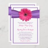 ピンクガーベラとパープルサテンリボン招待状 招待状 (正面/裏面)