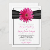 ピンクガーベラとブラックサテンリボン招待状 招待状 (正面/裏面)