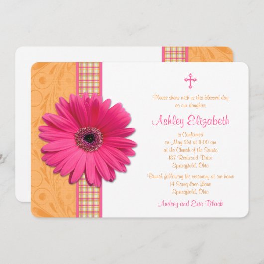 ピンクガーベラオレンジプレイド確認招待状 招待状 (正面/裏面)