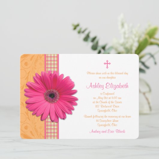 ピンクガーベラオレンジプレイド確認招待状 招待状 (スタンド正面)