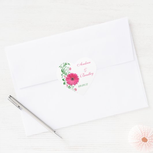 ピンクガーベラグリーン結婚フローラ封筒用シール ハートシール (封筒)
