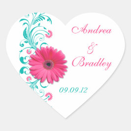 ピンクガーベラターコイズ結婚フローラ封筒用シール ハートシール