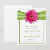 ピンクガーベラデイジーグリーンリボン日付を保存 セーブザデート (正面/裏面)