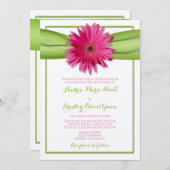 ピンクガーベラデイジーグリーンリボン結婚式招待状 招待状 (正面/裏面)