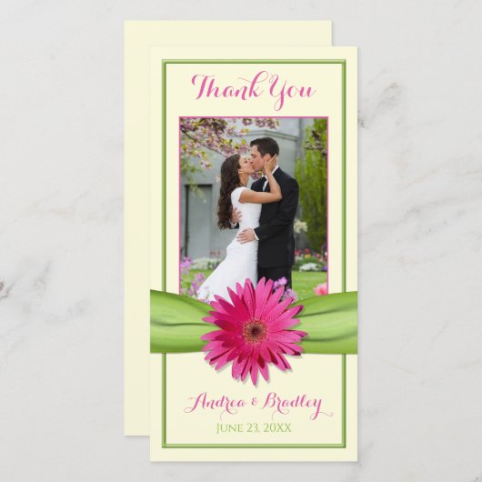 ピンクガーベラデイジーグリーンリ結婚ボンありがとう サンキューカード (正面/裏面)