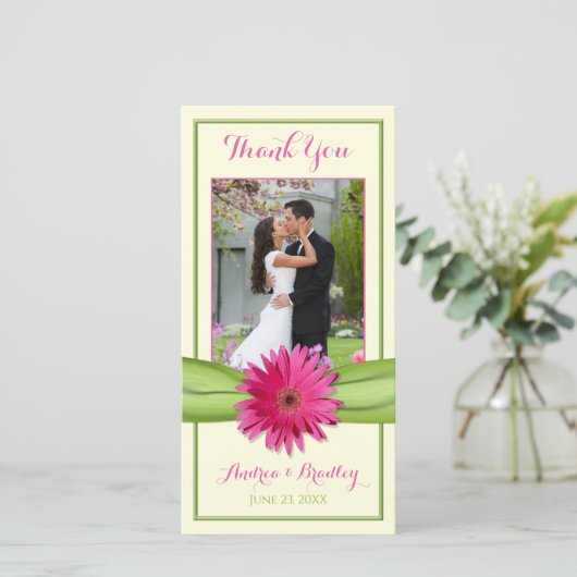 ピンクガーベラデイジーグリーンリ結婚ボンありがとう サンキューカード (スタンド正面)