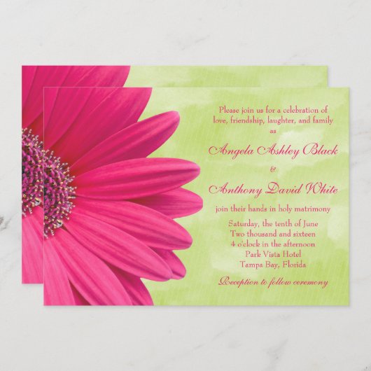 ピンクガーベラデイジーグリーン結婚式招待状 招待状 (正面/裏面)