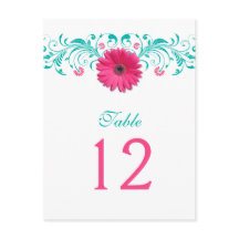 ピンクガーベラデイジーターコイズテーブル番号カード