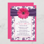 ピンクガーベラデイジーパープルフローラリボン赤ちゃんシャワー 招待状 (正面/裏面)