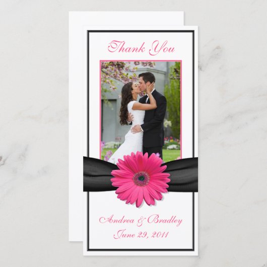 ピンクガーベラデイジーブラックリ結婚ボンありがとう サンキューカード (正面/裏面)