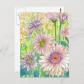 ピンクガーベラデイジーブーケウォーターカラーフラワーズアート ポストカード (正面/裏面)