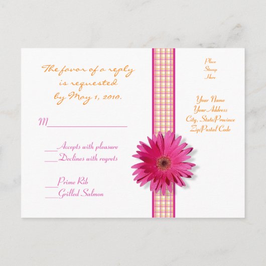 ピンクガーベラデイジープレイドリボンRSVPポストカード インビテーションポストカード (裏面)