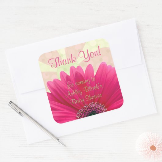 ピンクガーベラデイジーベビーシャワーありがとう スクエアシール (封筒)