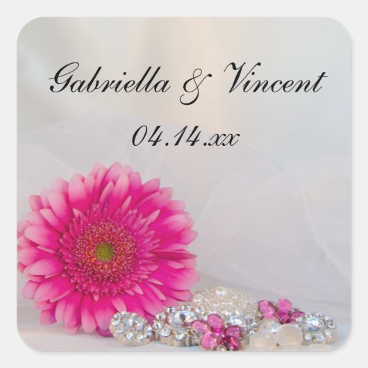 ピンクガーベラデイジーボタン結婚の封筒用シール スクエアシール (正面)