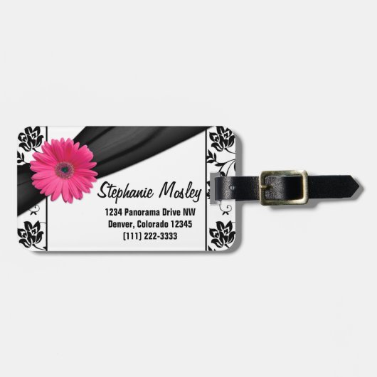 ピンクガーベラデイジー白黒ダマスクフローラ ラゲッジタグ (正面横)