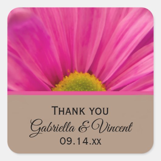 ピンクガーベラデイジー結婚ズサンキューメッセージカード スクエアシール (正面)