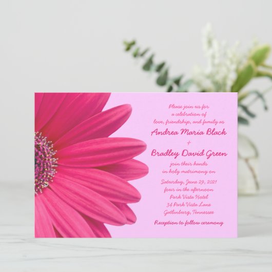 ピンクガーベラデイジー薄紫パープル結婚式招待状 招待状 (スタンド正面)