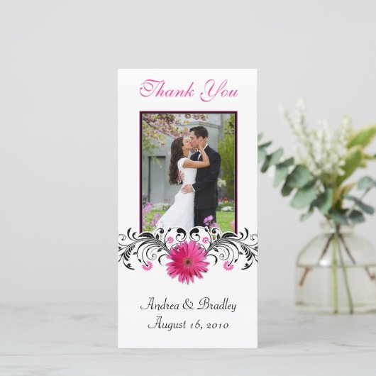 ピンクガーベラ結婚デイジーサンキューフォトカード サンキューカード (スタンド正面)