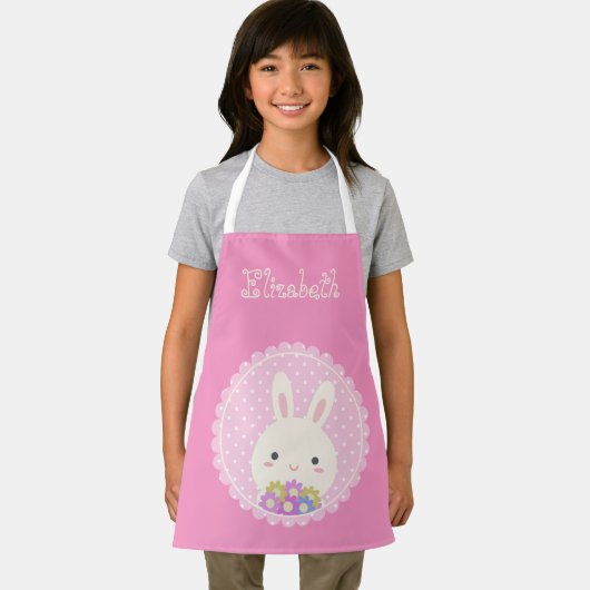 ピンクガーリーかわいいかわいいバニー&フラワーズ名前をカスタムする エプロン (インサイチュ)