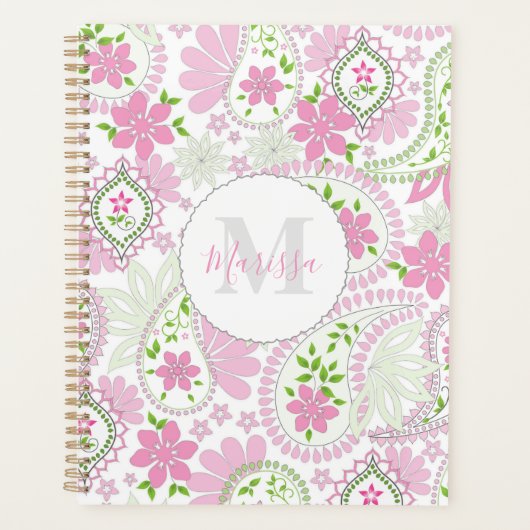 ピンクガーリーかわいいシック名門私立校風のペイズリープリントパターン プランナー手帳 (正面)