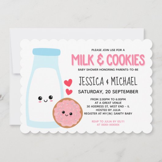 ピンクガーリーかわいいミルクとクッキー赤ちゃんシャワー 招待状 (正面)