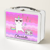 ピンクガーリーかわいいユニコーンパーソナライズされた猫 メタルランチボックス (正面)